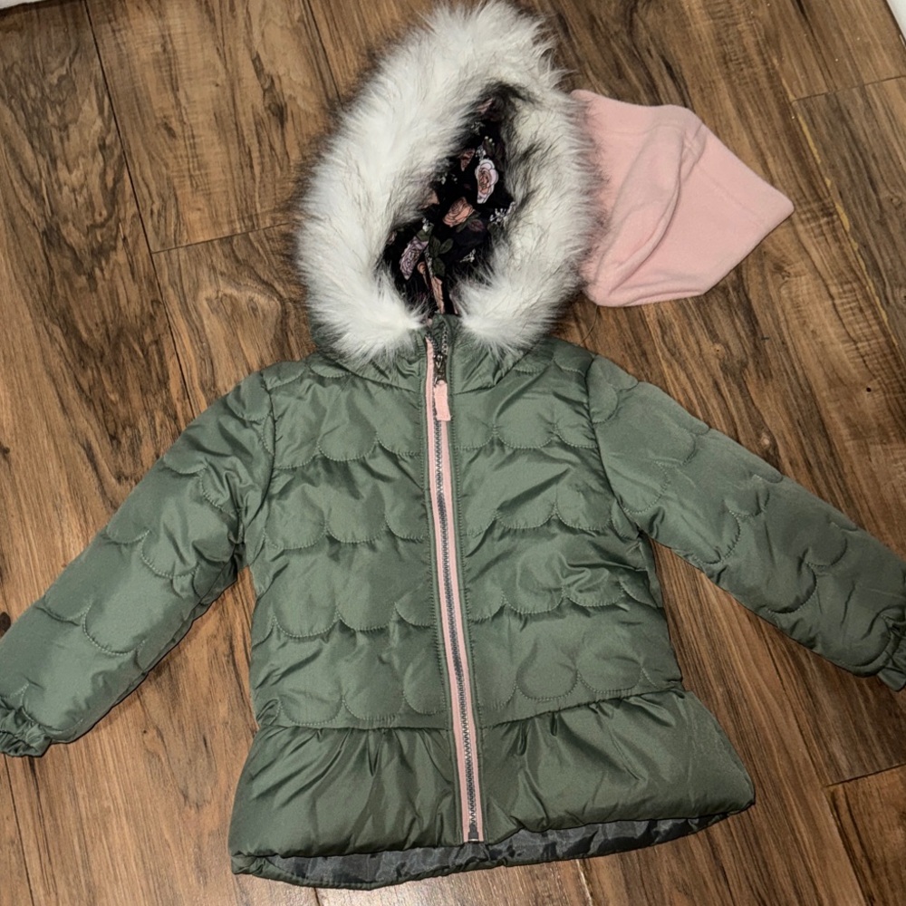 Kids Green Jacket with Faux Fur Hood